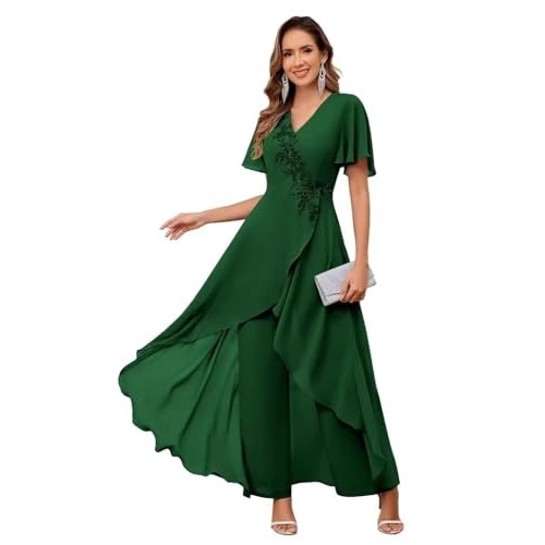 V-Neck Mother's Dress Solid Color Pants Two-Piece Set