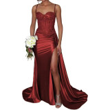 Satin Slit Sexy Evening Gown Strap Long Dress Slim Waist Slimming Ball Gown（Processing time need 3-6 days）