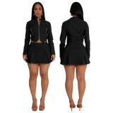Women's Long Sleeve Zipper Top Sexy Short Skirt Two-Piece Set