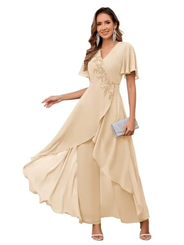 V-Neck Mother's Dress Solid Color Pants Two-Piece Set