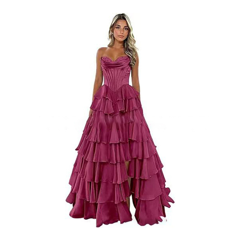 Strapless Tiered Puff Ball Gown Long Dress Slim Strapless Evening Gown(Processing time need 3-6 days)