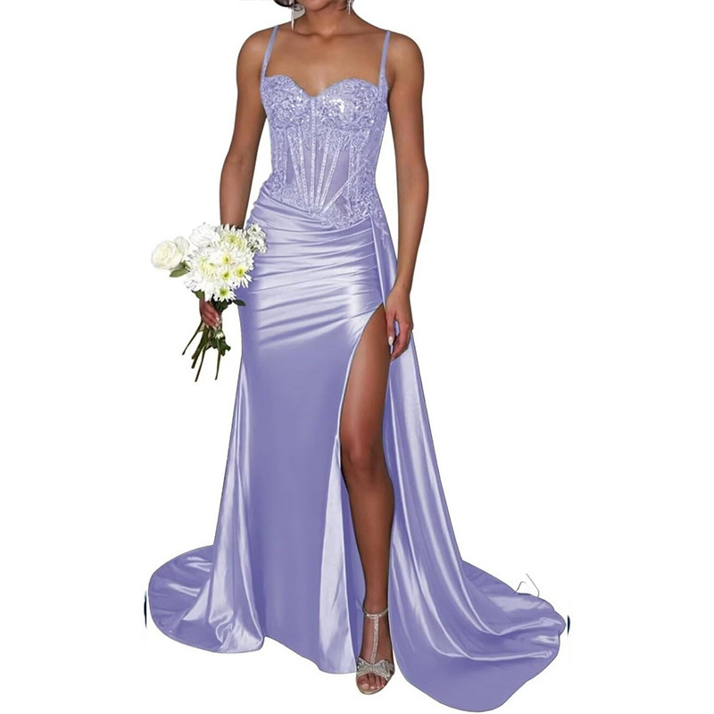 Satin Slit Sexy Evening Gown Strap Long Dress Slim Waist Slimming Ball Gown(Processing time need 3-6 days)