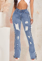 Stretch Jeans Women Frayed Fashion Bell Bottom Washed Ripped Denim Pants
