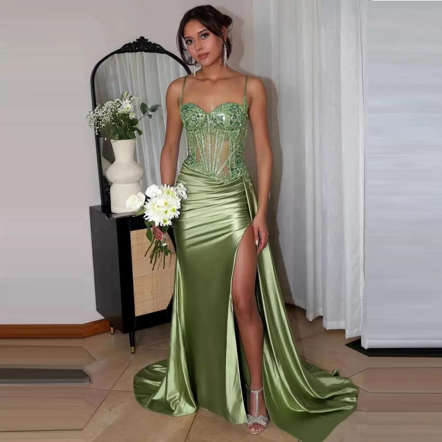 Satin Slit Sexy Evening Gown Strap Long Dress Slim Waist Slimming Ball Gown(Processing time need 3-6 days)