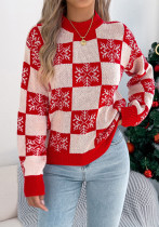Women's Christmas Autumn Winter Snowflake Plaid Lantern Sleeve Pullover Sweater