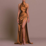 Chic Halter Neck Sleeveless Long Dress Slim Waist Mermaid Slit Evening Dress（Processing time need 3-6 days）