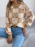 Women's Christmas Autumn Winter Snowflake Plaid Lantern Sleeve Pullover Sweater