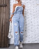 Women's Straps Overalls Ripped Denim Jumpsuit