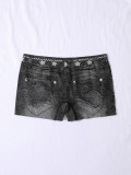 Seamless Simulated Denim Pattern Print Outdoor Wear High Stretch Mid-Rise Women's Square Leg Shorts