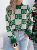 Women's Christmas Autumn Winter Snowflake Plaid Lantern Sleeve Pullover Sweater