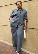 Africa Casual Women's Long Sleeve Striped Shirt High Waist Pants Trendy Fashion Two-Piece Set