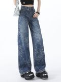 Blue Jacquard Denim Pants Women Loose Wide Leg Straight Leg Trousers