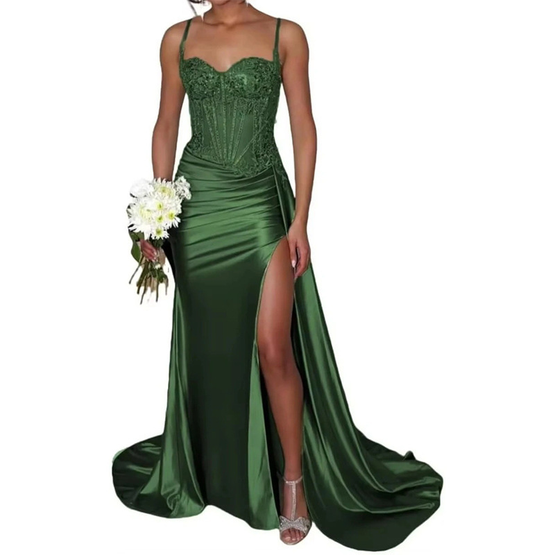 Satin Slit Sexy Evening Gown Strap Long Dress Slim Waist Slimming Ball Gown(Processing time need 3-6 days)