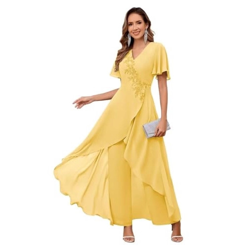 V-Neck Mother's Dress Solid Color Pants Two-Piece Set
