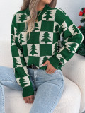 Women's Autumn Winter Christmas Tree Plaid Lantern Sleeve Pullover Sweater