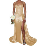 Satin Slit Sexy Evening Gown Strap Long Dress Slim Waist Slimming Ball Gown（Processing time need 3-6 days）