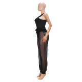 Women Sleeveless Sexy Cutout Pants Mesh Two-Piece Set