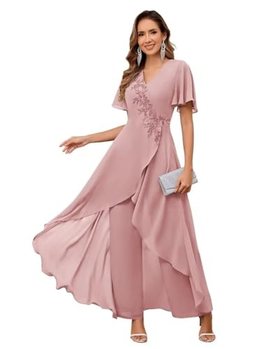 V-Neck Mother's Dress Solid Color Pants Two-Piece Set