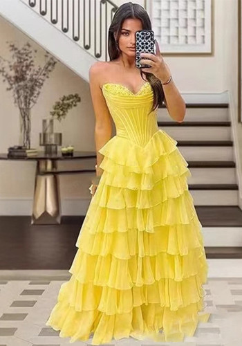 Strapless Tiered Puff Ball Gown Long Dress Slim Strapless Evening Gown（Processing time need 3-6 days）