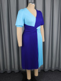 Color Block Patchwork V-Neck Sexy A-Line Dress Slim Waist Party Pleated Dress