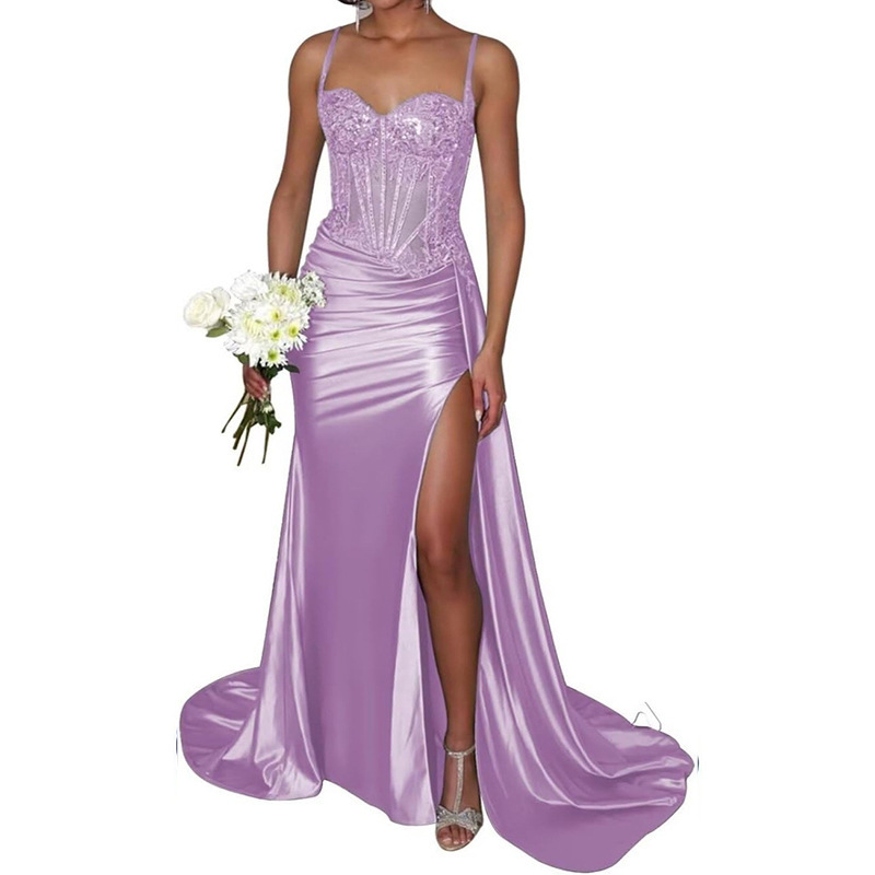Satin Slit Sexy Evening Gown Strap Long Dress Slim Waist Slimming Ball Gown(Processing time need 3-6 days)
