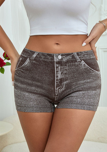 Women's Seamless Simulated Denim Pattern Print Outdoor Wear High Stretch Breathable Mid-Rise Square Leg Shorts