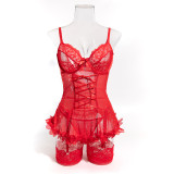 Women Red Beaded Sequin Patchwork Floral Lace-Up See-Through Lingerie Set