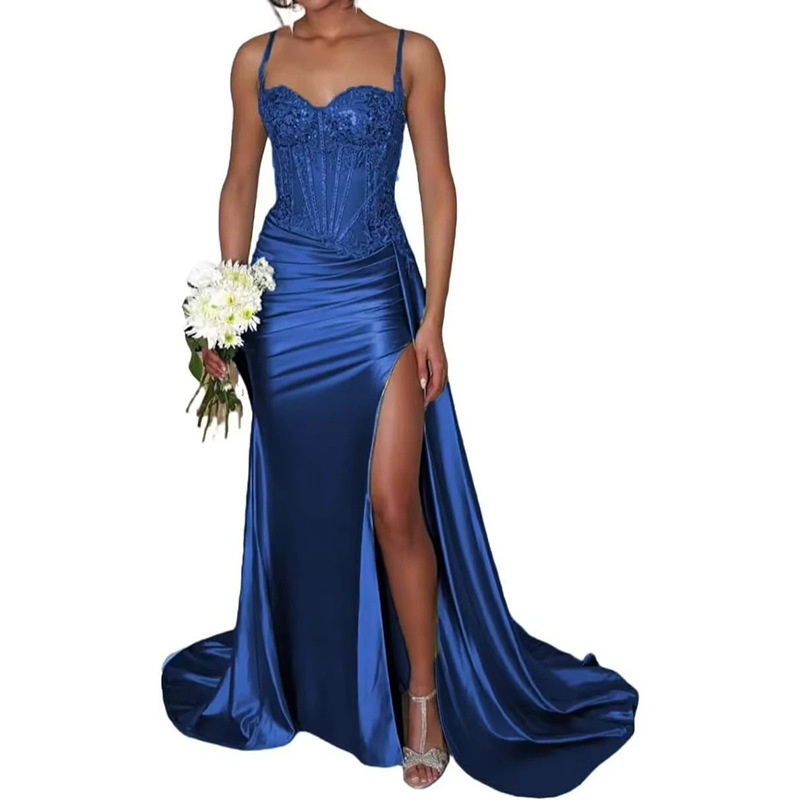 Satin Slit Sexy Evening Gown Strap Long Dress Slim Waist Slimming Ball Gown(Processing time need 3-6 days)