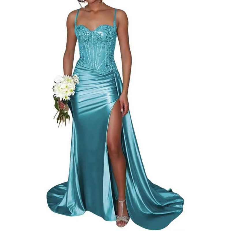 Satin Slit Sexy Evening Gown Strap Long Dress Slim Waist Slimming Ball Gown(Processing time need 3-6 days)