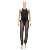 Women Sleeveless Sexy Cutout Pants Mesh Two-Piece Set
