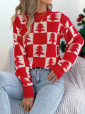 Women's Autumn Winter Christmas Tree Plaid Lantern Sleeve Pullover Sweater