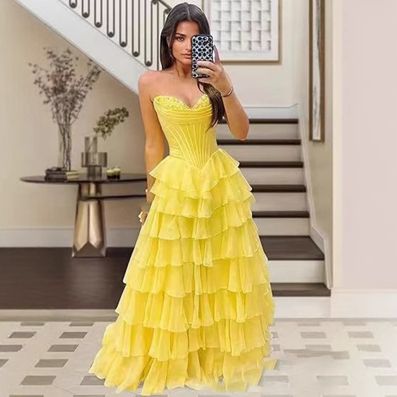 Strapless Tiered Puff Ball Gown Long Dress Slim Strapless Evening Gown(Processing time need 3-6 days)