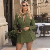Women's Long Sleeve Zipper Top Sexy Short Skirt Two-Piece Set