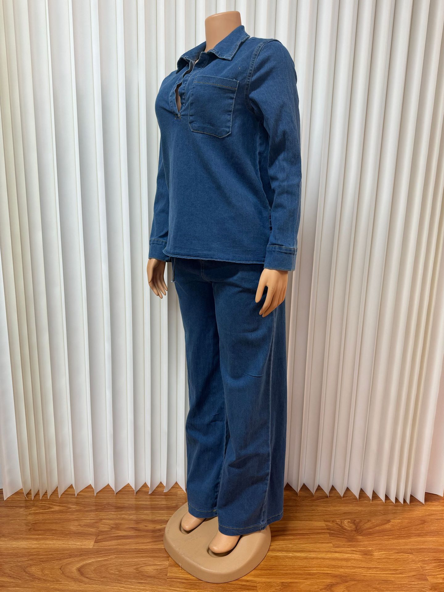 Women Denim Long Sleeve Turndown Collar Pocket Top and Lace-up Pants Two Piece Set
