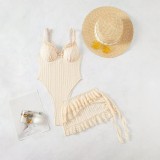 Sexy Ruffle Lace Skirt Tight Fitting One-Piece Solid Color Swimsuit Set