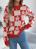 Women's Christmas Autumn Winter Snowman Plaid Lantern Sleeve Pullover Sweater