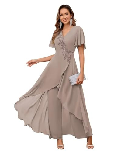 V-Neck Mother's Dress Solid Color Pants Two-Piece Set