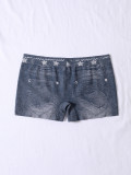 Seamless Simulated Denim Pattern Print Outdoor Wear High Stretch Mid-Rise Women's Square Leg Shorts