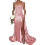 Satin Slit Sexy Evening Gown Strap Long Dress Slim Waist Slimming Ball Gown（Processing time need 3-6 days）