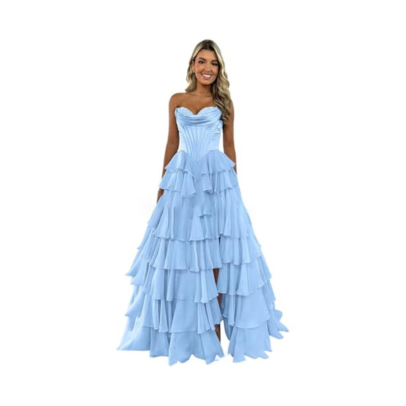 Strapless Tiered Puff Ball Gown Long Dress Slim Strapless Evening Gown(Processing time need 3-6 days)