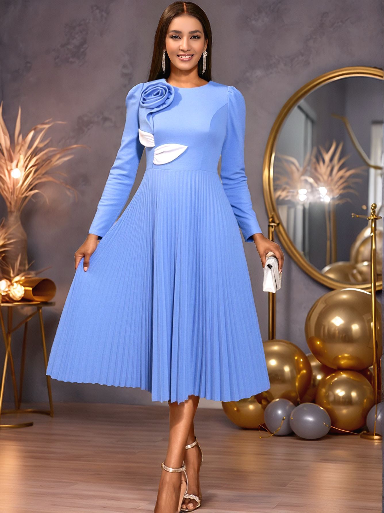 Autumn Elegant Round Neck Long Sleeve Dress Floral Color Block Leaf Pleated Formal Party Dress