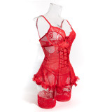 Women Red Beaded Sequin Patchwork Floral Lace-Up See-Through Lingerie Set