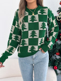Women's Autumn Winter Christmas Tree Plaid Lantern Sleeve Pullover Sweater