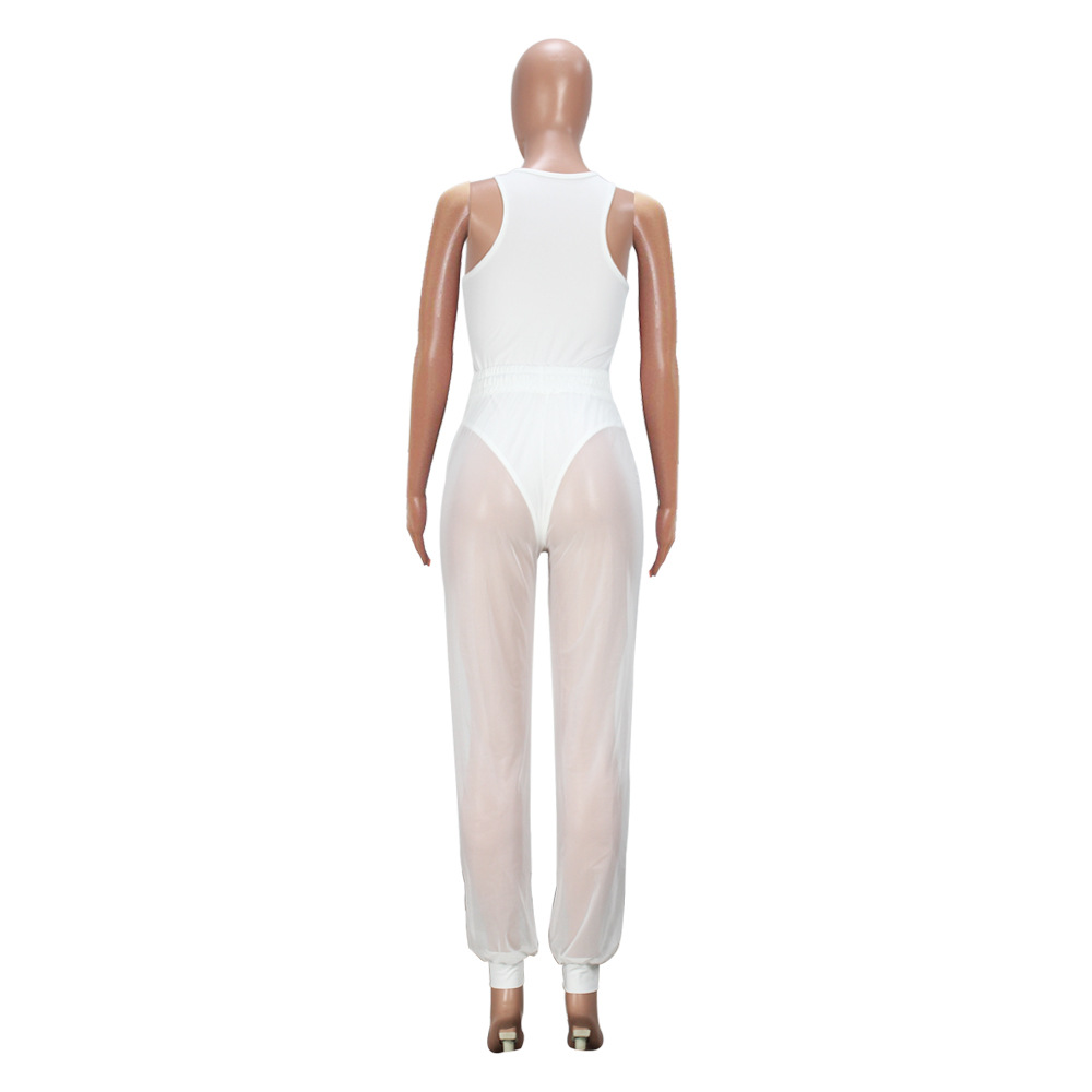 Women Sleeveless Sexy Cutout Pants Mesh Two-Piece Set