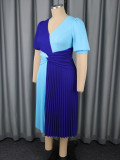 Color Block Patchwork V-Neck Sexy A-Line Dress Slim Waist Party Pleated Dress