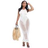 Women Sleeveless Sexy Cutout Pants Mesh Two-Piece Set