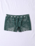 Seamless Simulated Denim Pattern Print Outdoor Wear High Stretch Mid-Rise Women's Square Leg Shorts