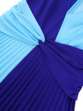 Color Block Patchwork V-Neck Sexy A-Line Dress Slim Waist Party Pleated Dress