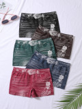 Seamless Simulated Denim Pattern Print Outdoor Wear High Stretch Mid-Rise Women's Square Leg Shorts