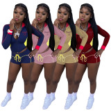 Women Casual Long-Sleeved Shorts with Embroidered Contrast Colors Two-Piece Top and Shorts Set